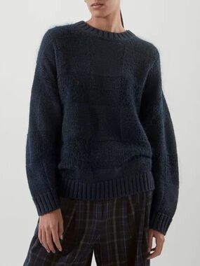COS Oversized Checked Wool Blend Sweater Navy Size Medium/Large